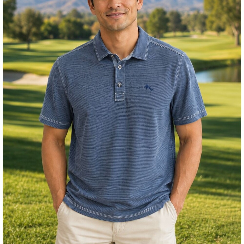 Tommy Bahama Paradiso Cove Polo Blue Micro Stripe TENCEL Modal Men's Shirt Large